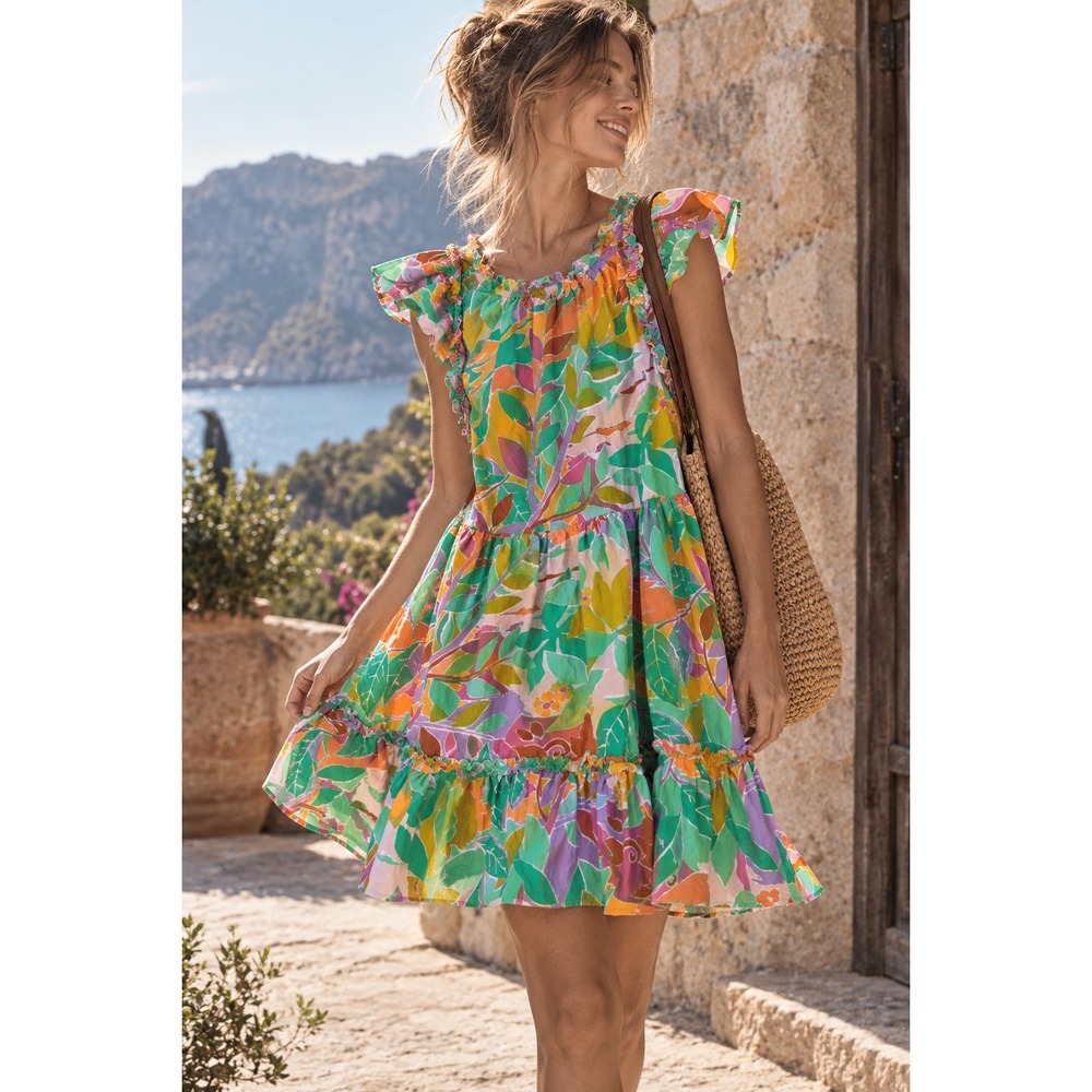 House of Harlow 1960 Women Green Floral Ruffle Tiered Cotton Mini Dress Size M